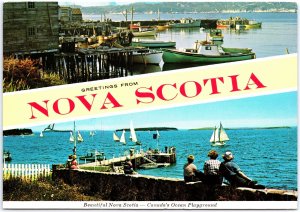 VINTAGE CONTINENTAL SIZE POSTCARD DOUBLE-SCENE GREETINGS FROM NOVA SCOTIA CANADA