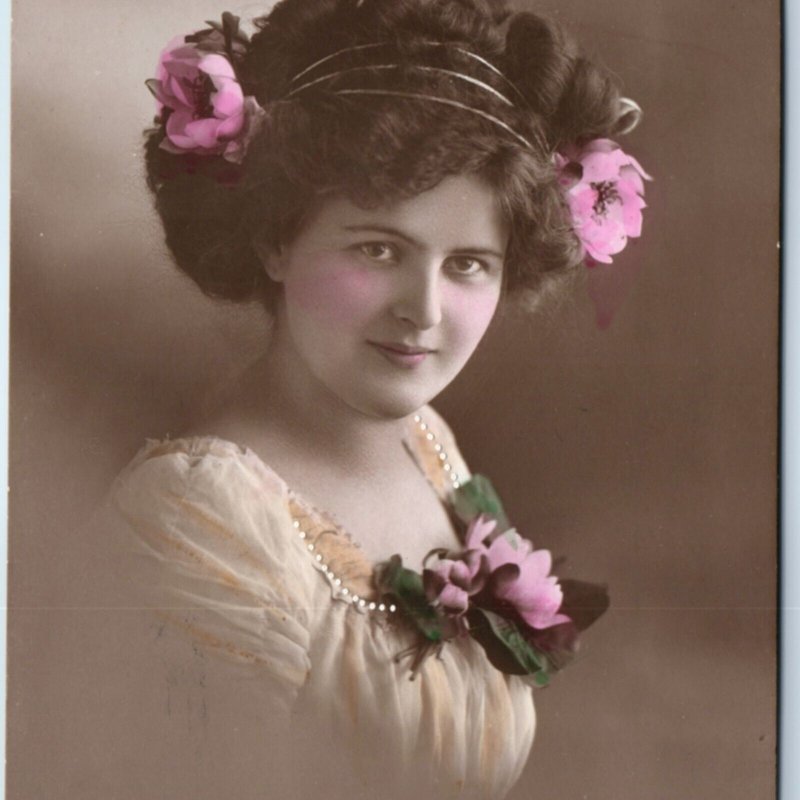 c1900s Austria Cute Big Hair Young Lady Girl Woman RPPC Colored Real Photo A136