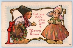 1913 Christmas Dutch Kids With Holly Berries Wreath Waukon Iowa IA Postcard