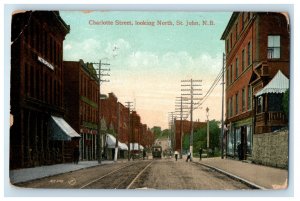 1912 Trolley Car, Charlotte Street Looking North St. John NB Canada Postcard 