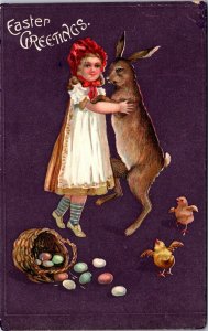 Easter Postcard Girl Dancing with Bunny Rabbit Colored Eggs Chicks~3249