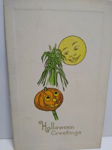 Vintage Halloween Postcard Gibson Mr Moon Smiling On Pumpkin Head Man Unused