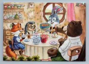 RED FOX Rabbit Hedgehog Bear Teaparty Tea Time Fancy Fantasy Russian Postcard