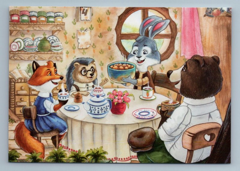 RED FOX Rabbit Hedgehog Bear Teaparty Tea Time Fancy Fantasy Russian Postcard