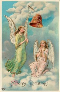 EAS Embossed Christmas Postcard Beautiful Angels in Clouds Ring Bell c1907