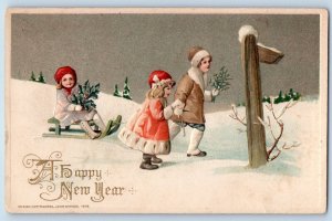 John Winsch Signed Postcard New Year Children Sled Winter Scene Embossed c1910's