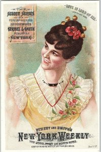 1880's Street & Smith's New York Weekly Lovely Lady Lists Trade Card &N