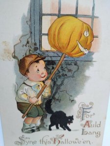 Halloween Postcard Gottschalk Dreyfuss & Davis German Text Boy Black Cat Antique