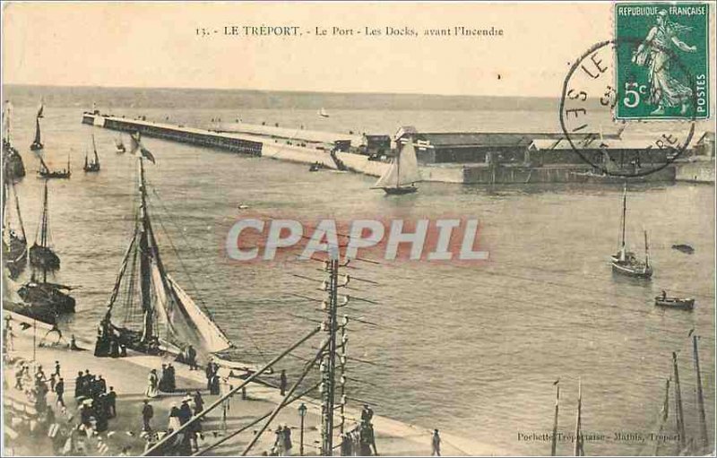 Old Postcard Treport Port Docks before the Fire Boat