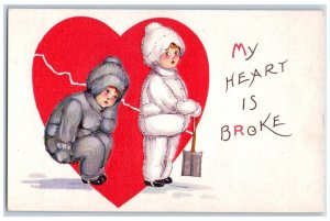 c1910's Valentine Broken Heart Children Shovel Winter Embossed Antique Postcard