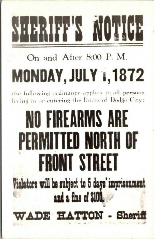 RPPC Sheriff's Notice 1872 No Firearms Permitted Dodge City, Kansas