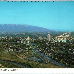 c1960s Salt Lake City, UT Birds Eye Skyline Night Lights Wasatch Mountains PC M2