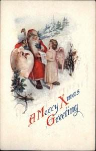 Christmas Santa Claus Little Girl Angel c1910 Vintage Postcard