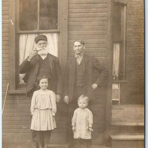 c1900s Nice Family Children & Men RPPC House Wood Sidewalk Porch Real Photo A129