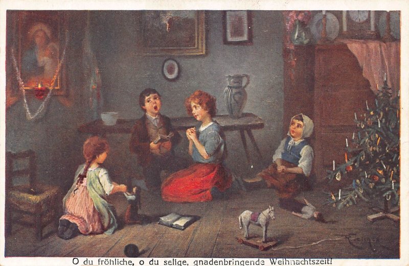 Christmas Greetings Children Singing Toys Doll Tree Candles vintage postcard