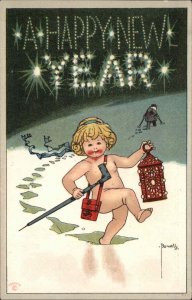 Bunnell New Year Baby New Year with Chinese Lantern in Snow c1910 Postcard