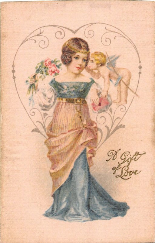 F99/ Valentine's Day Love Holiday Postcard c1910 SILK Pretty Girl Cupid 23