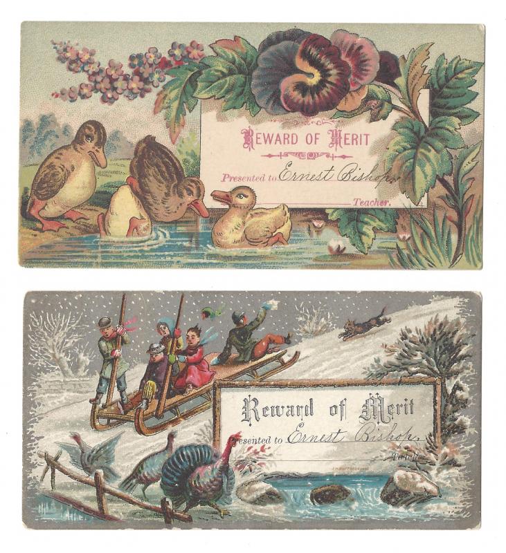 Victorian 2 Reward of Merit Cards Ducks Turkeys Sled Ernest Bishop Chromo Litho