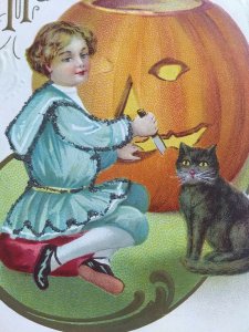 Vtg Halloween postcard, child carving pumpkin black cat, poem. Mica (D1)PMK 1916