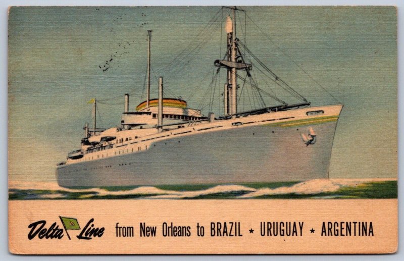 K40/ Ship Postcard Linen Delta Line Ocean Liner Brazil Uruguay Argentina 160