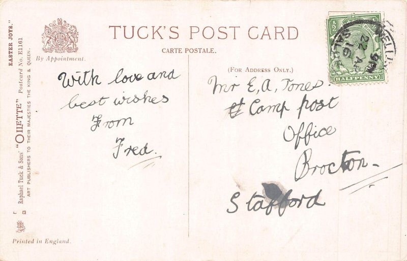 Easter Greetings Humanized Rabbit Telephone Chick Violets 1916 postcard  B926