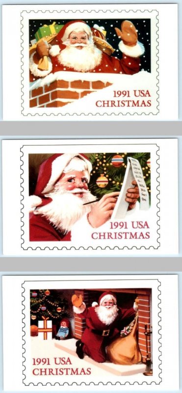 3 Postcards ~ 1991 U.S CHRISTMAS STAMPS Santa Claus ~ Xmas Trees  4x6