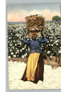 BLACK AMERICANA Woman w Basket of Cotton Old Postcard