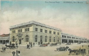 Postcard 1916 Roswell New Mexico First National Bank Pecos Valley autos 24-7128