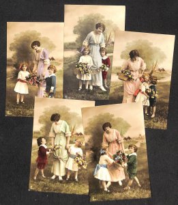 Set of 5 vintage postcards lovely beauty lady & children couple scenes flowers 