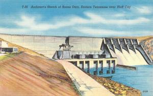 BLUFF CITY, TN Tennessee  BOONE DAM~Architect's Sketch   c1940's Linen Postcard