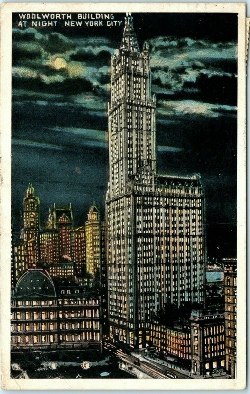 c1910s New York City @ Night Woolworth Building Litho Photo Postcard NYC A34