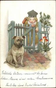 Little Boy Sneaking in Fence & Very Cut Bulldog c1910 Postcard