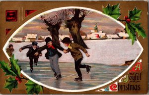 CHILDREN ICE SKATING Vintage 1910 CHRISTMAS Postcard KJ7