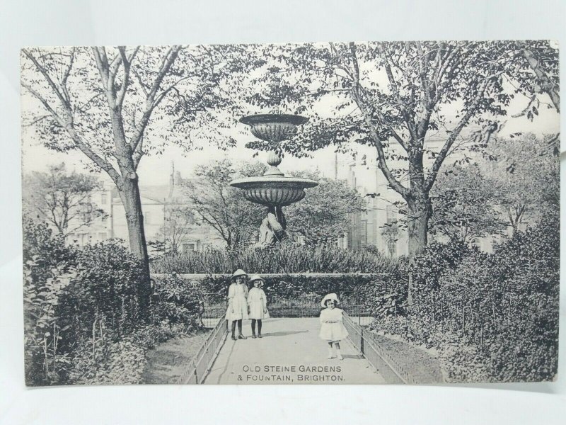 3 Little Girls by the Fountain Old Steine Gardens Brighton Antique Postcard 1908