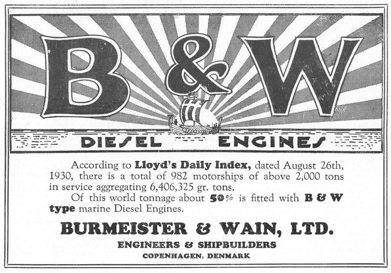 1931 Advert, B & W Diesel Engines, Burmeister & Wain, Ltd, Copenhagen Denmark