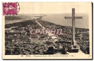 Old Postcard Sete Panorama of the City and the illuminated cross