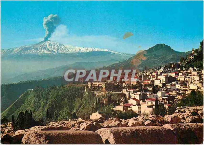 Modern Postcard Panorama Taormina and Mount Etna volcano seen from the Greek ...