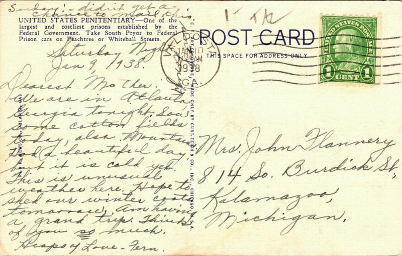 United States US Penitentiary Atlanta GA Georgia Old Car Linen Postcard PM WOB 