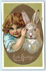 EASTER GREETINGS Little Girl and Bunny Rabbit Gold Embossed D Series 11 Postcard