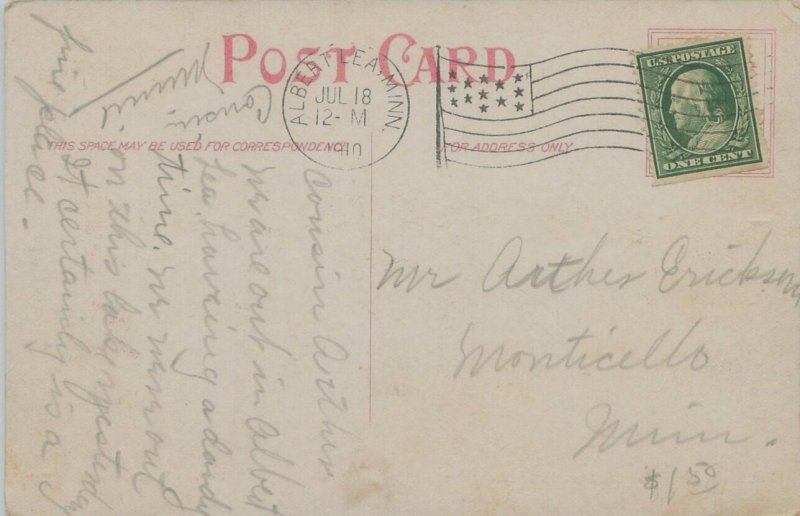 Albert Lea Fountain Lake Minnesota, People in Canoe, 1910 Postcard Used