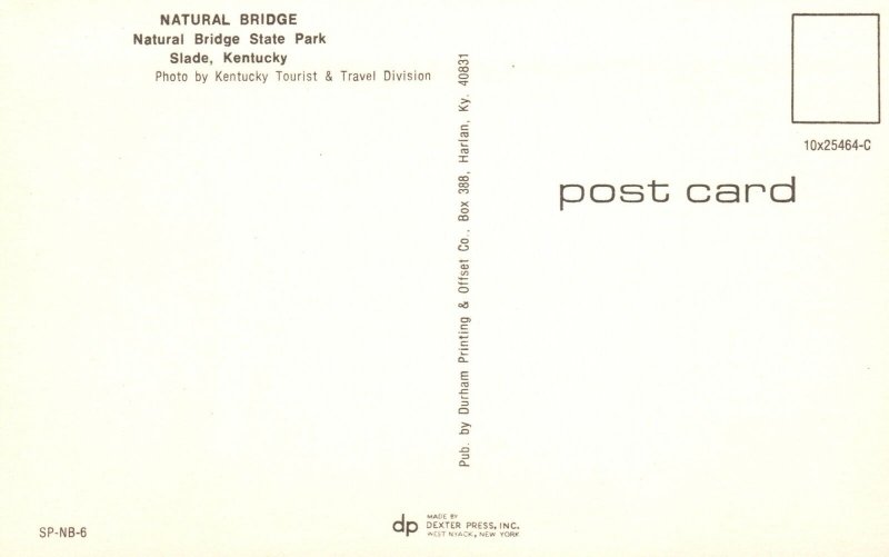 Vintage Postcard Natural Bridge State Park Tourist And Travel Division Slade KY 