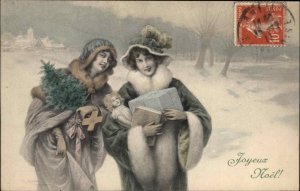 Christmas MM Vienne 282 Victorian Young Women Antique Doll c1910 Postcard