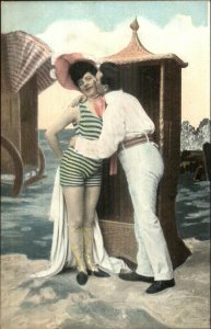 Bathing Beauty Beautiful Woman Man Flirting Wicker Beach Chair Postcard #5