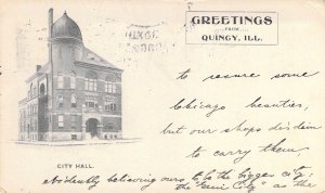 c.'03, Private Mailing Card, Greetings from City Hall, Quincy, IL, Old Post Card