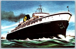 Vtg SS Badger Train Ferry Steamer Ship Autos Passengers Lake Michigan Postcard (