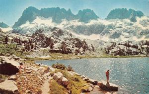 CA, California  LAKE EDIZA~Man on Rock  MOUNT RITTER~MINARETS  Chrome Postcard