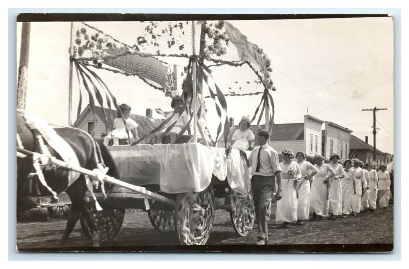 Postcard July 4th Parade in Monmouth, OR Polk County Float 1914 RPPC I21