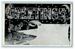 1911 People, Stars, Moon and Car, Greetings from Posted Antique Postcard