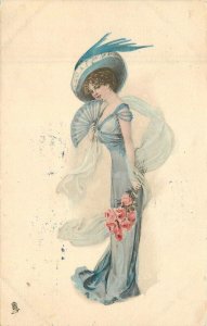 Artist impression beautiful well dress woman flowers Tuck 1915 Postcard 22-7789