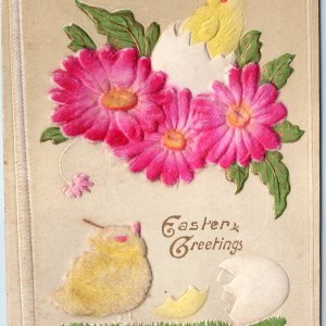 c1910s Easter Greetings Cute Egg Hatch Baby Chick Chicken Cloth Fuzz Emboss A224